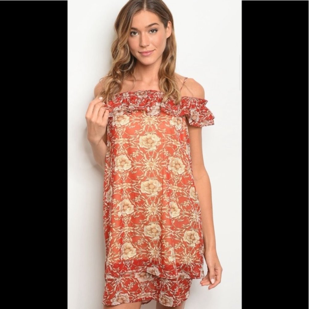 Boho Chic Cold Shoulder Rustic Floral Ruffle Dress